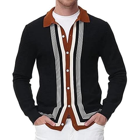 NRUTUP Men's Vintage Striped Long Sleeve Cardigan Sweater Contrast Color Collar Button Down Cable Ribbed Knitted Sweaters(Black,Medium) Cover