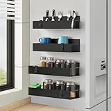 Cosy Family 4-Pack Strong Magnetic Metal Spice Rack Organizer for Refrigerator & Oven - Rustproof Black Fridge Shelves with Hooks for Kitchen Storage & Organization
