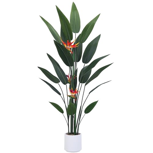Jocoevol Artificial Bird of Paradise Plant 5 Ft Tall Fake Banana Leaf Plant for Indoors and Outdoors, Artificial Flowers, Faux Palm Tree with Plastic Pot for Office and Home Decor