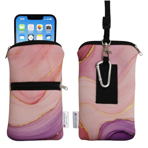 Image of Tainada Women Cell Phone Neoprene Shockproof Zipper Sleeve Case Bag Pouch w /Carabiner, Neck Lanyard, Belt Loop Holster for iPhone 17 /16 Pro Max, Air, 16 Plus; Samsung S25+, S24, A56 (Marble Pink)
