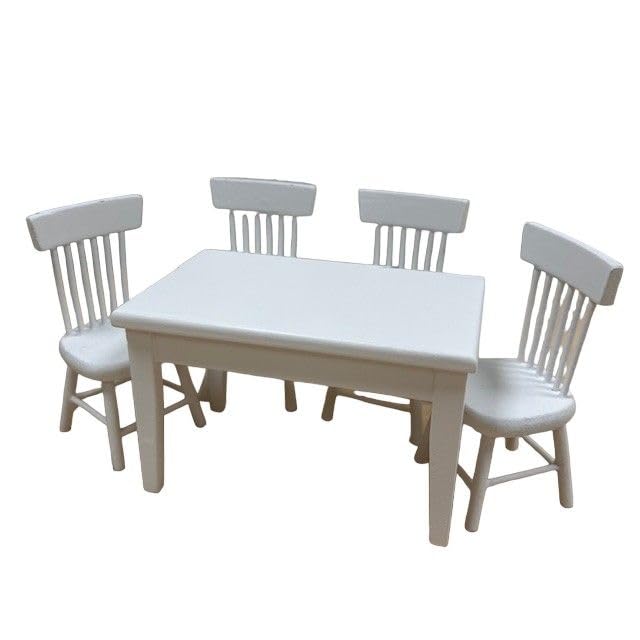 Dolls House Kitchen Table and Chairs Set, 1:12 Scale, White, Rectangular Table, 4 Chairs, Miniatures, Wood