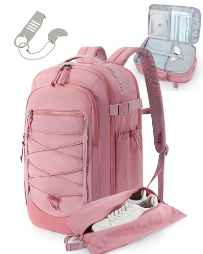 BAGSMART Carry On Travel Backpack, 17.3 Inch Large Travel backpack Carry On Flight Approved, Anti-theft Personal Item Backpack Travel Bag With Shoe Bag, 30L Water Resistant Casual Daypack, Pink