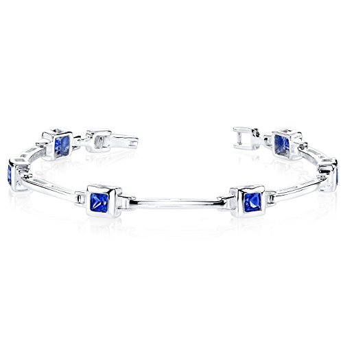 Peora 3 Carats Created Blue Sapphire Bracelet For Women 925 Sterling Silver, Princess Cut 4Mm, 7 Inch Length #TOP17