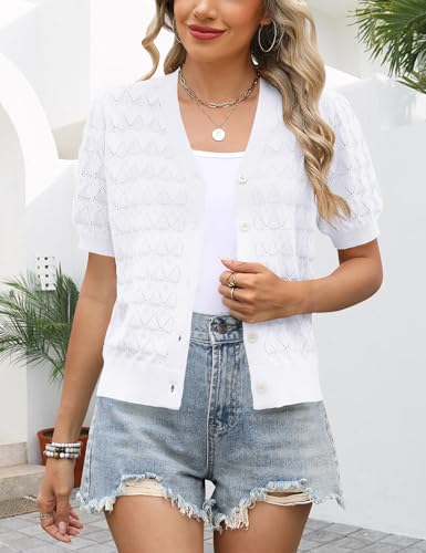 Women's Short Sleeve V Neck Button Down Cardigan Trendy Knit Shrug Sweater Cute Lightweight Sweaters