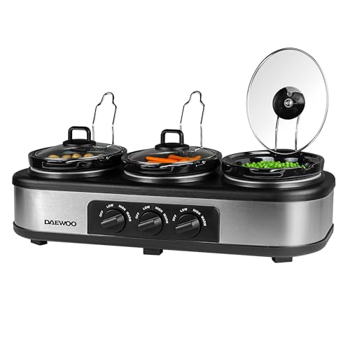 Daewoo Triple Slow Cooker 3 x 1.5L – Multi-Pot Electric Buffet Server with Individual Heat Settings (Low, High & Keep Warm), Ideal for Entertaining, Batch Cooking, and Family Meals, Black
