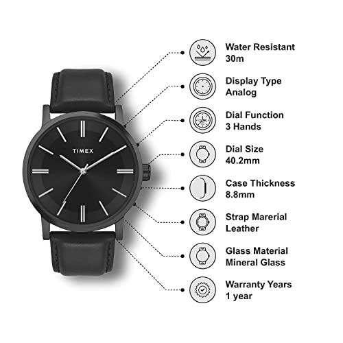 Image of TIMEX Analog Watch for Man with Black Round Dial & Black Leather Strap Band Water Resistant Men's Wrist Watches - TWHG35SMU05