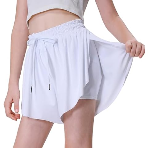 DIPUG Girls Butterfly Shorts Flowy Athletic Short Kids with Pocket Short for Sports,Running,Cheer,White Cover