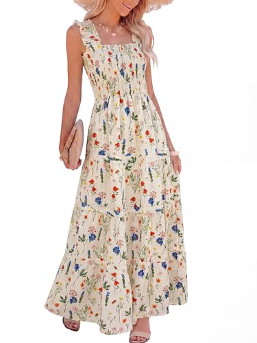 Image of Caracilia Womens Summer Maxi Dresses Floral Smocked Sleeveless Ruffle Boho Casual Flowy Aline Beach Vacation Long Sundress