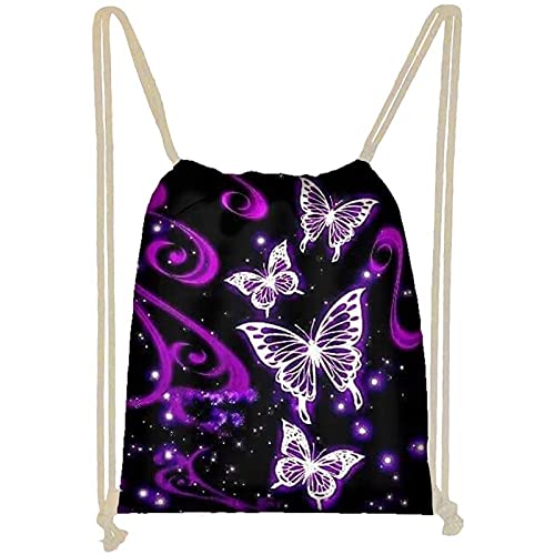 Jeiento Purple Butterfly Drawstring Bags for Womens Girls Kids Sports Gym Bag Storage String Bags Cinch Tote Sackpack Yoga Beach Swimming Outdoor Carry Sackpack