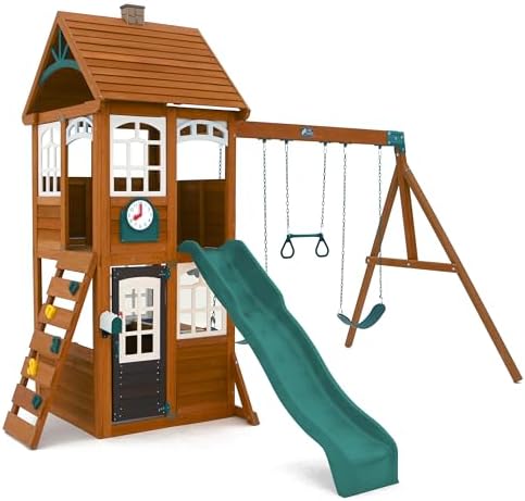 KidKraft Kennedy Springs Wooden Outdoor Swing Set with Slide and Rock Wall
