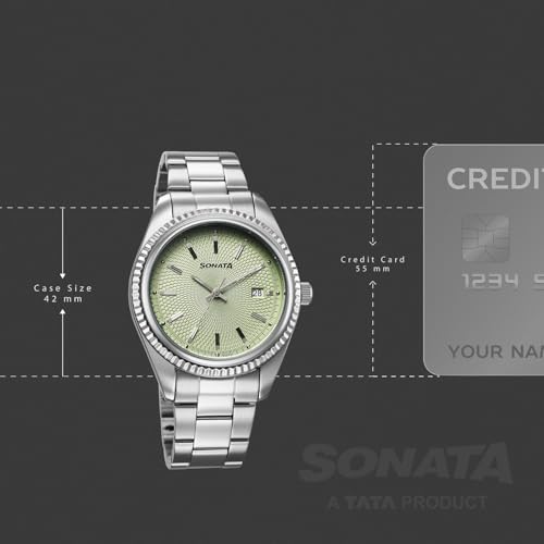 Image of Sonata Festive 2.0 Quartz Lt. Green Round Dial Men's Watch | Stainless Steel Strap Material | Watches for Men Analog - 77198SM01