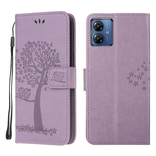 Wuhaizher Motorola Moto G14 Case Leather Wallet Flip Folio Magnetic Clasp Stand View Bookstyle Cases for Motorola Moto G14 Phone Case Cover Shockproof Cute Owl & Tree Pattern Light Purple