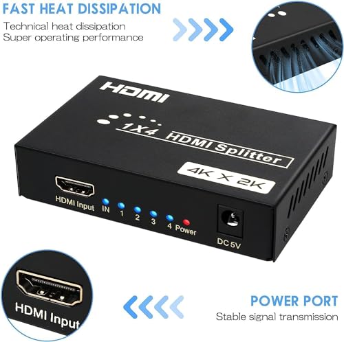 Image of RUHZA 1X4 HDMI Splitter Ultra HD 4K x 2K HDMI Splitter 1 in 4 Out Distributor Ver 1.4 HDCP Bypass Supports 4K@30Hz 1080P 3D for PS4 Xbox Sky Box Fire Stick,DVD Player HDTV Projectorr