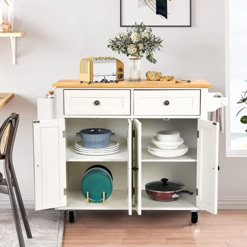 Tusy 43" Kitchen Island With Storage, Rolling Kitchen Cart With Lockable Wheels, Solid Wood Tabletop Kitchen Island Table For Kitchen, Living Room, White #TOP2