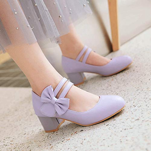 MIOKE Women's Chunky Mid Block Heel Mary Jane Pumps Round Toe Sweet Bows Comfy Wedding Evening Dress Shoes3