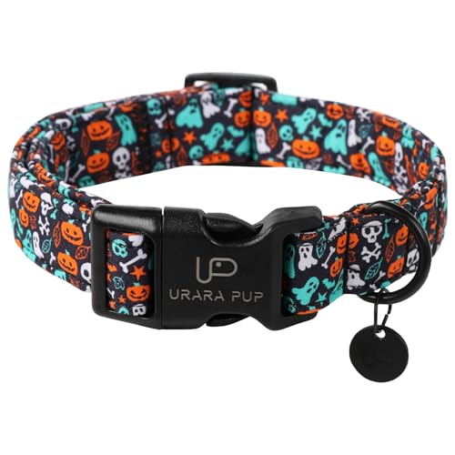 Image of Halloween Dog Collar, UP URARA PUP Cotton Skull Ghost Dog Collar for Small Dog, Fall Pet Collar with Halloween Elements Pattern, Adjustable Puppy Collar,L,Neck 16-24in