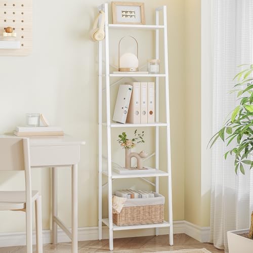 Image of Hzuaneri Ladder Shelf, Bookshelf Bookcase, Freestanding Corner Storage Shelve with 2 Hooks for Home Office, Living Room, Kitchen, Bedroom, Industrial, 5-Tier White BC19213W
