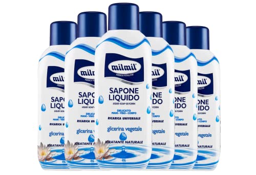 Milmil Jabón líquido glicerina vegetal recarga universal 6 unidades x 1000 ml, jabón de manos recargable, jabón facial, cuerpo, pH fisiológico, fórmula hidratante, dermatológicamente testado