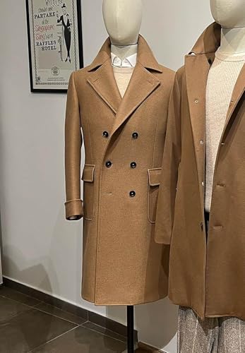 Men's Wool Blend Trench Coat Knee Length Double Breasted 2 Flap Pocket 3 Buttons Khaki3
