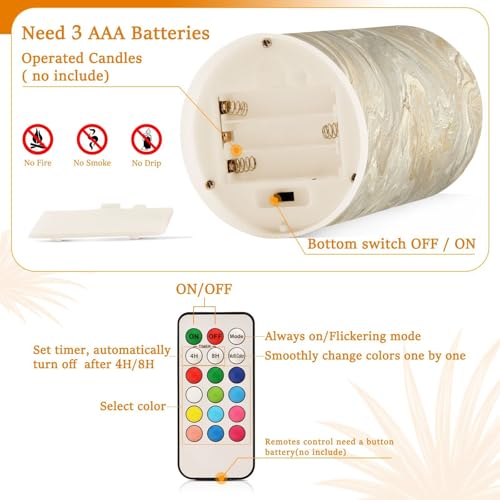 Image of Flickering Flameless Candles, Gold Tile Marble LED Candles with Remote Timer, Set of 2 Battery Operated Candle for Valentine Wedding Birthday