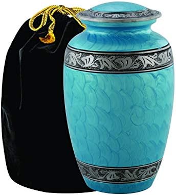 ET Expo-Trends Cremation Urns for Human Ashes Adult for Funeral, Burial | Cremation Urns for Human Ashes Adult 200 Cubic Inches- Classic Turquoise Urn with Silver Band