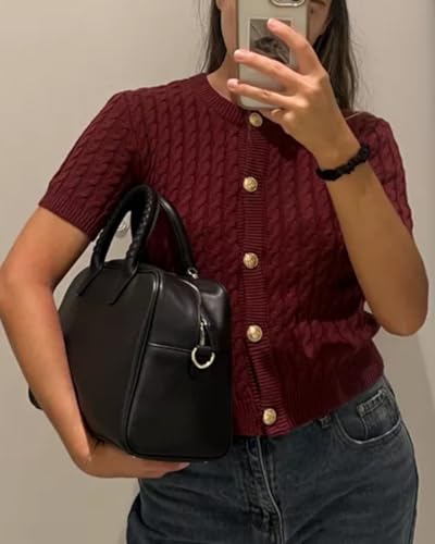 Women Cable Knit Short Sleeved Sweater Cardigan Casual Button Up Soft Solid Sweater Shirt3