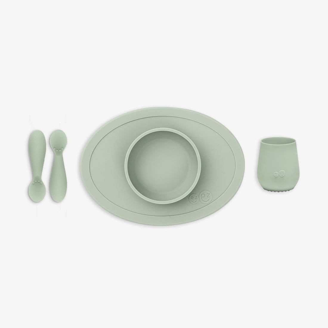 Ezpz Tiny Collection Set Sage 100% Silicone Cup, Spoon & Bowl With Built In Placemat For First Foods + Baby Led Weaning + Purees Designed By A Pediatric Feeding Specialist 6 Months+, Green (Sage)