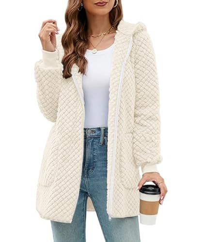 ABINGOO Damen Winterjacke Fleecejacke Lang Kapuzenjacke Teddyjacke Flauschig Plüschjacke Warm Reißverschluss Hoodie Kuscheljacke Wintermantel Mit Taschen(Weiß,S)
