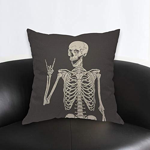 Aoyego Human Skeleton Posing Throw Pillow Cover Skull Anatomy Happy Creepy Gesture Horror Body Bones Pose Pillow Case 18X18 Inch Decorative Men Women Boy Girl Room Cushion Cover For Home Couch Bed #TOP1