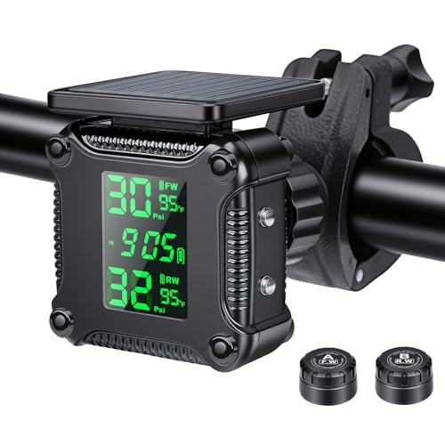 LNKERCO Motorcycle Tire Pressure Monitoring Alarm System with Solar Charge Motorcycle TPMS with 2 External Sensors LCD Digital Display USB Charging Motorbike Tyre Temperature Alarm