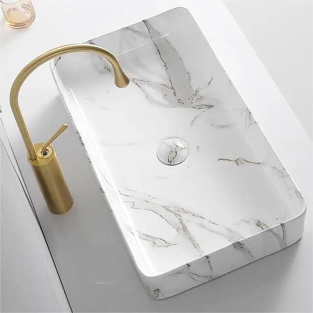 KEATON Designer Ceramic Wash Basin For Bathroom | Over Counter Bathroom Basin | Counter Top Bathroom Sink | Wash Basin For Restaurant, Hotel (24 x 14 x 5.5 Inch) (Designer White N Beige) (B0CQ25DD12) Amazon Price History, Amazon Price Tracker