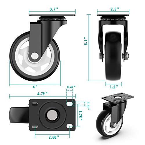4 inch Swivel Caster Wheels, Heavy Duty Plate Casters with no Brake Total Capacity 1200lbs (Pack of 4)