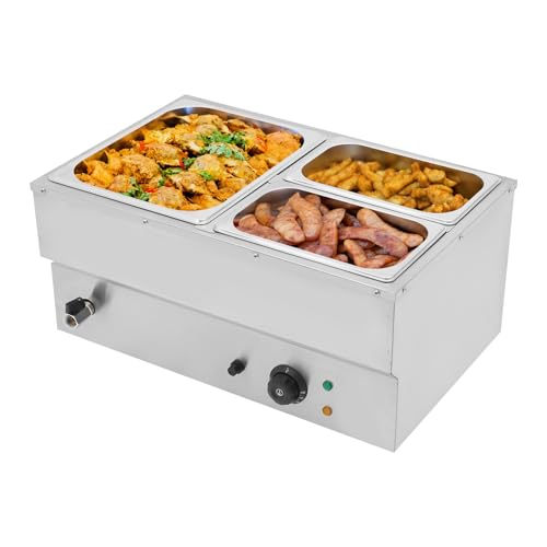 3-Pan Commercial Steam Table, Electric Bain Marie Food Warmer 600W Stainless Steel Countertop Buffet Food Warmer Container 21.6Qt with Lid and Tap for Catering, Restaurant, Buffets