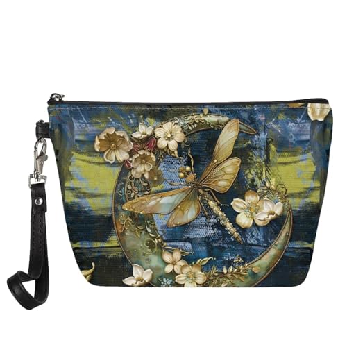 Glomenade Gold Moon Dragonfly Floral Pattern Womens Makeup Pouch Tribal Elephant PU Leather Travel Cosmetic Bags Portable Clutch Brush Bag Holders