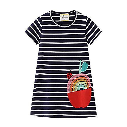ChengBeautiful Robes pour Filles Girl Stripe Cartoon Motif Imprimé Robe D'été for Enfants en Coton Col Rond Top (Couleur : Navy Blue, Size : 6 Years) Cover