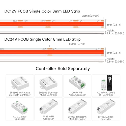 Image of BTF-LIGHTING FCOB IP65 Waterproof Red Color COB LED Strip 16.4FT DC24V 480LED /m 8mm Width Flexible High Density CRI 90+ Dimmable LED Light for Home Indoor Decor(No Controller or Adapter)