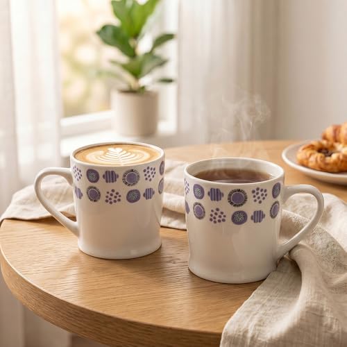 Image of UPC Coffee Mug Set of 6 | White & Purple Abstract Polka Dot Print | Lavender Circle Geometric Border Pattern | Bone China Tea & Coffee Cups | Microwave Safe | Home & Kitchen