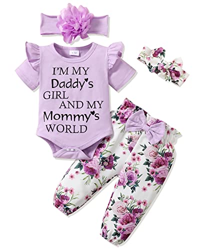 Image of SUNNY PIGGY Newborn Infant Baby Girl Clothes Outfits Ruffle Romper Floral 4Pcs Pants Sets Toddler Girls Clothing Set