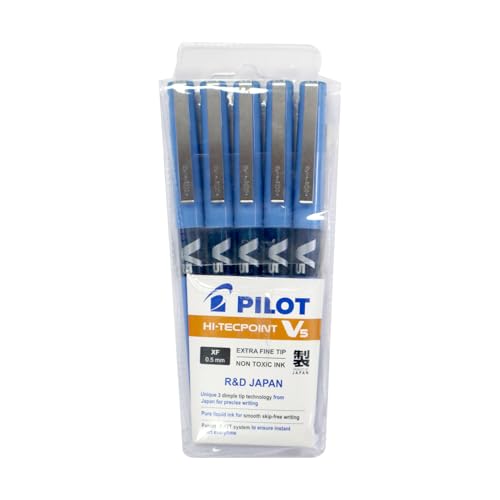 Image of Pilot Hi-Tecpoint V5 0.5mm Extra Fine Point Pure Liquid Ink Roller Ball Pen | Blue Ink, Pack Of 5