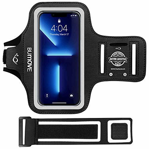 iPhone 13 Pro Max, 12 Pro Max Armband, BUMOVE Gym Running Workouts Sports Cell Phone Arm Band for iPhone 12 Pro Max/13 Pro Max with Key/Card Holder (Black)
