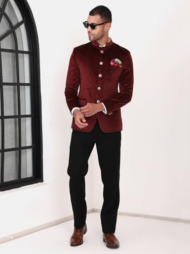 Image of MANQ Men Slim Fit Bandhgala Velvet Blazer - Mandarin Collar, Button Closure, Long Sleeves, Solid Ethnic Winter Wear with Three Pockets for Adults