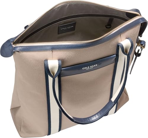 Image of Cole Haan Men's Judson Brushed Twill Tote Bag, Oxford Tan /Navy Blazer /Angora