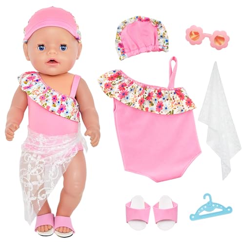 6 Pcs Baby Doll Swimsuits, 14-18 Inch Floral Swimming Outfit Beach Sunglasses Shoes Hangers Doll Summer Lace Wrap Doll Clothes Set for 35–45 cm New Born Baby Dolls Birthday Gift