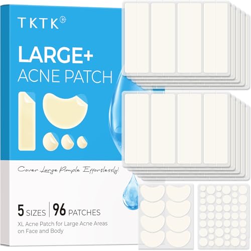 TKTK Pimple Patches, XL Hydrocolloid Patches for Face 60 x 20 mm, Big Acne Patches for Body, Forehead, Chin, Neck Zit Breakouts, Hydrocolloid Bandages (Strip, Contoured, Dot 5 Sizes 96 Count)