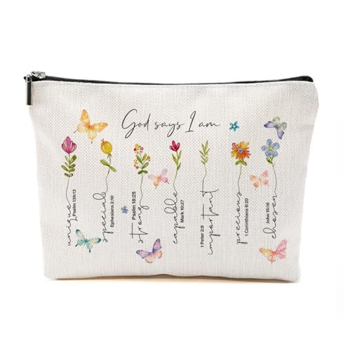 God Says I am Makeup Bag, Christian Gifts for Women, Bible Verse Floral Makeup Bag, Butterfly Inspirational Present, Toiletry Zipper Organizer Cosmetic Bag Travel Purse for Daughter Sister BFF