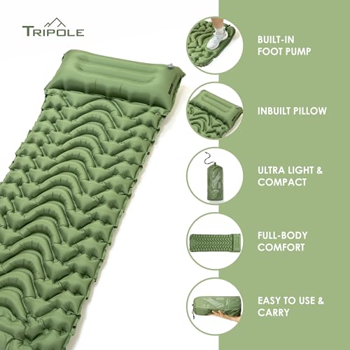 Image of Tripole AirNest - Inflatable Portable Camping Mat | Built-in Foot Pump & Pillow | Hiking, Backpacking & Travel (Green)