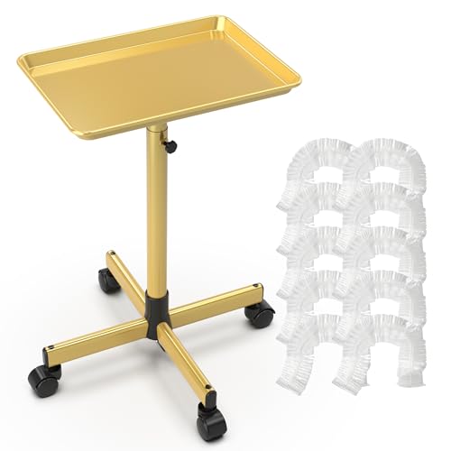 TASALON Rolling Salon Tray Mobile Styling Station with Wheels Aluminum Rolling Tray Trolley for Salon Essentials Adjustable Heightfor Hairstylist Tray with 10 PCS Disposable Salon Tray Cover Gold