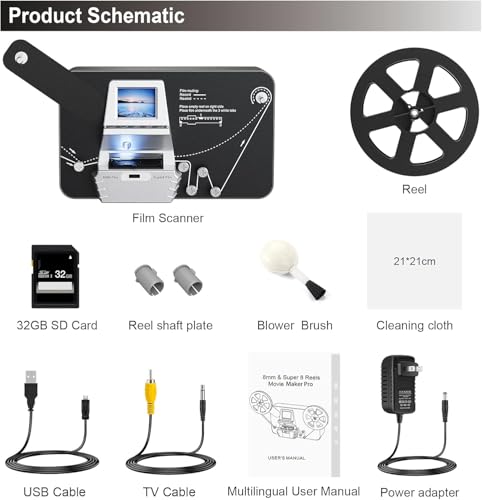 Image of 8mm & Super 8 Film to Digital Converter, Film Scanner Digitizer with 2.4 inch Screen, Convert 3 inch 5 inch 7 inch 9 inch Reels into 1080P Digital MP4 Files, Sharing & Saving on 32GB SD Card
