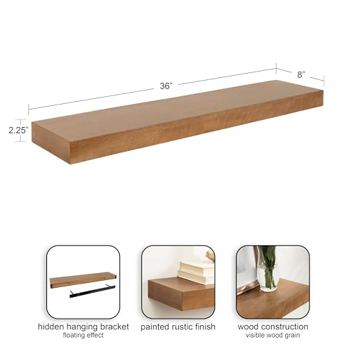 Image of Kate and Laurel Havlock Modern Natural Floating Shelf; 36 x 8; Rustic Wood; Functional Bathroom and Kitchen Shelf for Storage and Display