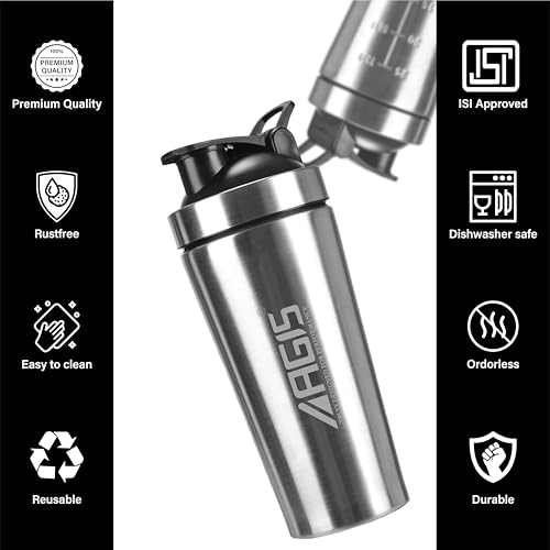 Image of AGIS Premium Stainless Steel shaker 700ml Leakproof Shaker Bottle with Measurement Marking, Perfect for Fitness Enthusiast & Athletes, Ideal for Mixing Protein Shakes & Pre-Workout Formula (Silver)